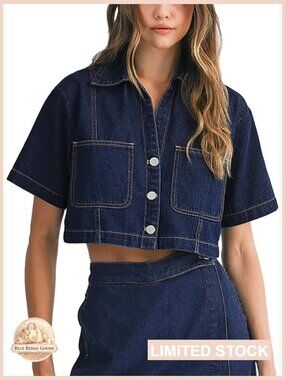 Cropped Denim Jacket Short Sleeve Button Down Casual Chic V-Neck Collar